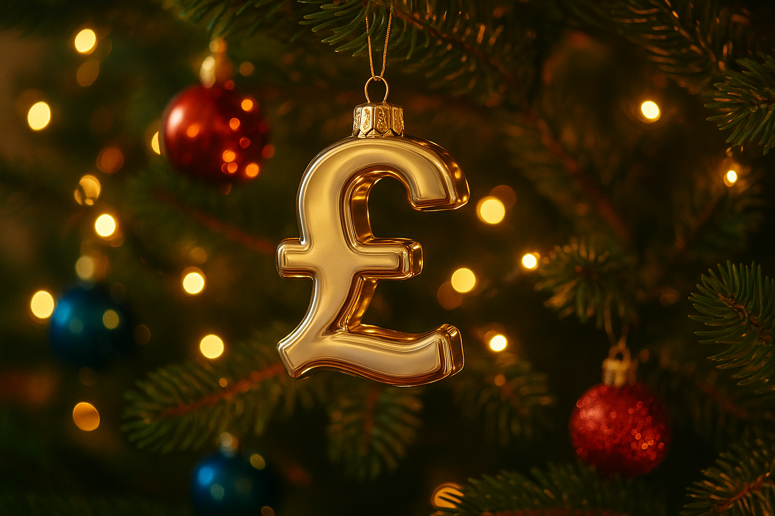 Make an image of a bauble in the shape of a pound sign on a cristmas tree